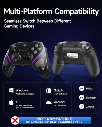 EasySMX D10 Wireless Game Controller – TMR Anti-Drift Joysticks, Dual-Mode Triggers, 1000Hz Polling, Mechanical Buttons, RGB – Bluetooth Gamepad for PC/Switch/Switch2/iOS/Android with Charging Dock - color: Black