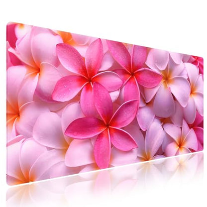 Girly Tropical Plumeria Flowers Large Mouse Pad, Bliss Close-up Desk Mat | Vibrant Red Hot Pink Exotic Hawaii Floral, 31.5" x 11.8", XXL Gaming/Office Durable Stitched Keyboard Mat, Smooth, Anti-Slip - color: Plumeria Flowers Bliss
