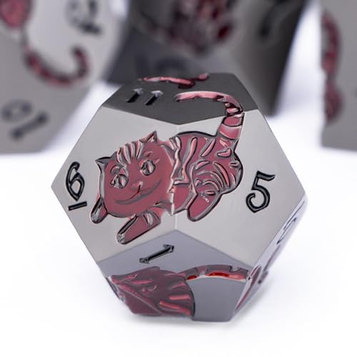 Metal DND Cat Dice 7PCS Polyhedral RPG Dice Set with Gift Case for Dungeons Dragons Role Playing Game, D and D Dice D6 D8 D10 D12 D20 D% (Grey Red) - color: Cat-grey Red