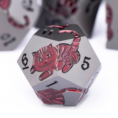 Metal DND Cat Dice 7PCS Polyhedral RPG Dice Set with Gift Case for Dungeons Dragons Role Playing Game, D and D Dice D6 D8 D10 D12 D20 D% (Grey Red) - color: Cat-grey Red