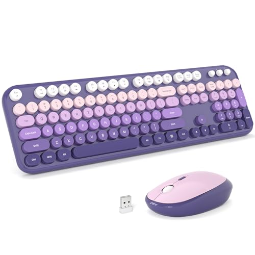 KNOWSQT Wireless Keyboard Mouse Combo - Lovely Purple-Gradient Rainbow Full-Sized Typewriter Colorful Keyboards, Round Keycap Plug Play Retro Cute Keyboards for Windows, Laptop, PC, Desktop, Computer - color: Lovely Purple-Gradient