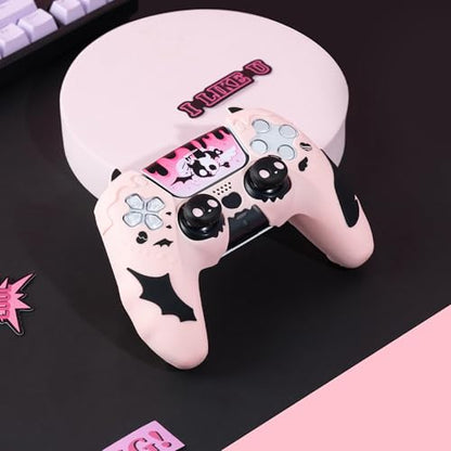 GeekShare Controller Skin Set Compatible with PS5, Anti-Slip Silicone Protective Cover with 2 Thumb Grip Caps and 1 Sticker - Sweetheart Skull Design (Pink) - color: Sweetheart Skull