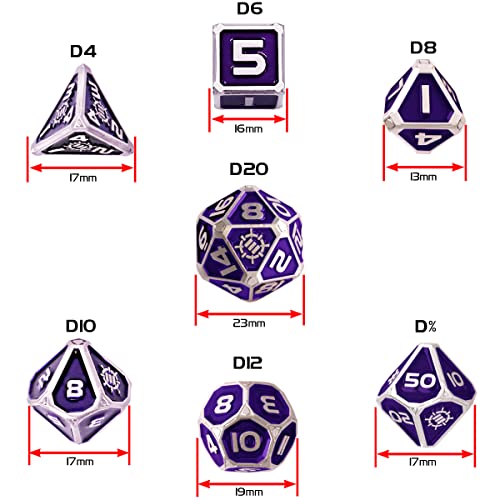 ENHANCE DND Metal Dice Set - 7pc Polyhedral Dice with 2-in-1 Vegan Leather Bag and Tray, Solid Metal Set for Dungeons and Dragons, Pathfinder, More RPGs (Collector's Edition Purple) - color: Dragon Purple