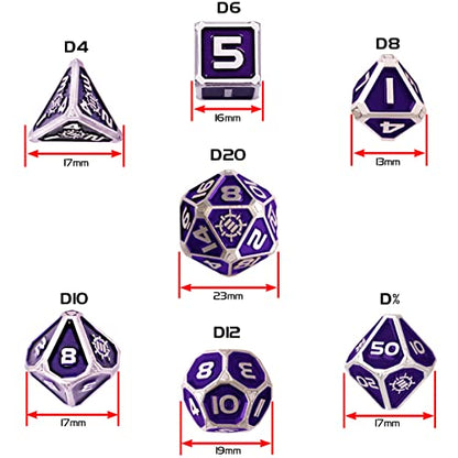 ENHANCE DND Metal Dice Set - 7pc Polyhedral Dice with 2-in-1 Vegan Leather Bag and Tray, Solid Metal Set for Dungeons and Dragons, Pathfinder, More RPGs (Collector's Edition Purple) - color: Dragon Purple