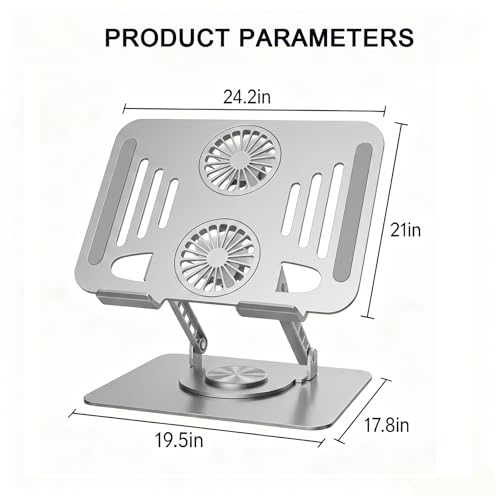 Laptop Stand with Cooling Fan, 360 Rotating Base Aluminum Laptop Riser, Foldable Ergonomic Computer Stand for Desk, Height Adjustable Notebook for All Laptops up to 17.3" (Silver) - color: Silver