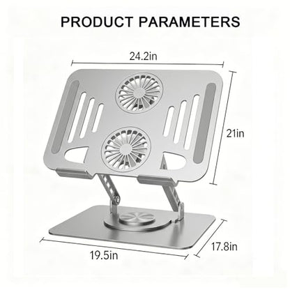 Laptop Stand with Cooling Fan, 360 Rotating Base Aluminum Laptop Riser, Foldable Ergonomic Computer Stand for Desk, Height Adjustable Notebook for All Laptops up to 17.3" (Silver) - color: Silver