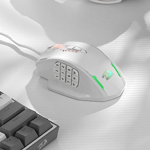Redragon M908 Impact RGB LED MMO Gaming Mouse with 12 Side Buttons, Optical Wired Ergonomic Mouse with Max 12,400DPI, High Precision, 18 Programmable Macro Shortcuts, Comfort Grip, White | Stable Lag-Free Connection, Redefine Keybinding Macro, Vibing Back