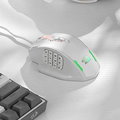 Redragon M908 Impact RGB LED MMO Gaming Mouse with 12 Side Buttons, Optical Wired Ergonomic Mouse with Max 12,400DPI, High Precision, 18 Programmable Macro Shortcuts, Comfort Grip, White | Stable Lag-Free Connection, Redefine Keybinding Macro, Vibing Back