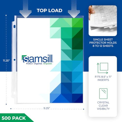 Samsill 500 Pack Heavy Duty Sheet Protectors, Crystal Clear, 8.5x11 Inch Page Protectors for 3 Ring Binder, Letter Size Protectors, Reinforced Holes, Clear Document Sleeve, Top Loading, Acid Free - size: 500 Pack, style: Crystal Clear