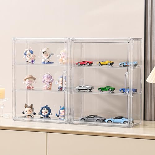 3 Tier Clear Display Case for Figures, Wall-Mounted Acrylic Storage Organizer Box, Stackable Display Cabinet with Magnetic Door & Removable Shelves, Showcase for Collectibles, Figures