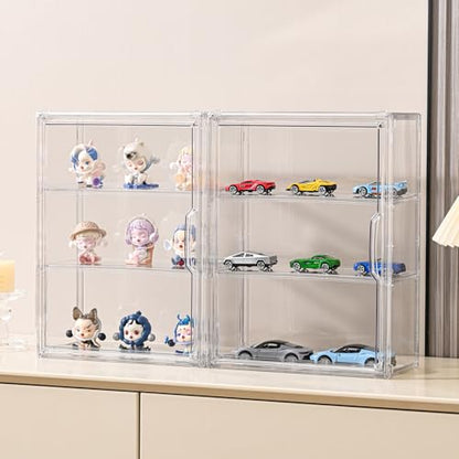 3 Tier Clear Display Case for Figures, Wall-Mounted Acrylic Storage Organizer Box, Stackable Display Cabinet with Magnetic Door & Removable Shelves, Showcase for Collectibles, Figures