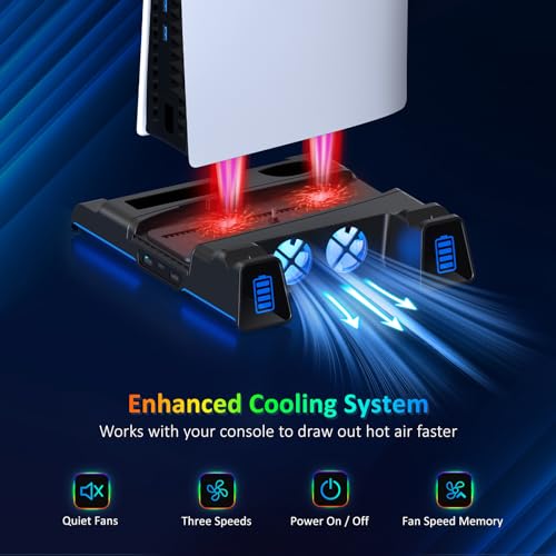 NexiGo PS5 Silent Cooling Stand for Both PS5 and New PS5 Slim Consoles, RGB LED Light, Dual Charging Station, Compatible with Dual_Sense Edge Controller, Hard Drive, Headset and Remote Holder, Black