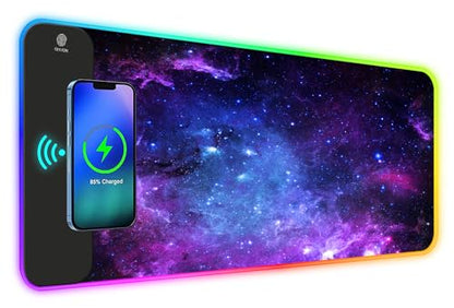 ToLuLu RGB Gaming Wireless Charging Mouse Pad, 7.5/10/15W 10 Light Modes LED Mouse Pad Computer Keyboard Mat Mousepad, 800x300x4MM Extended Large Desk Mat for MacBook, Laptop, PC, Purple Galaxy Space - color: Purple Galaxy Space