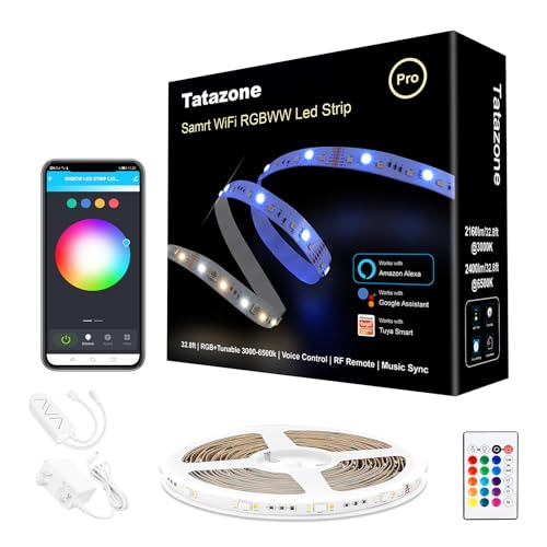 Tatazone RGBWW Smart LED Strip Lights, 32.8ft Tunable White 3000K to 6500K+RGB WiFi Led Light Strips Work with Alexa Google, Music Sync Color Changing Indoor Rope Lights for Kitchen, Room, Cabinet - style: WiFi-32.8ft-Alexa and Google