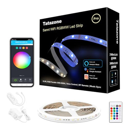 Tatazone RGBWW Smart LED Strip Lights, 32.8ft Tunable White 3000K to 6500K+RGB WiFi Led Light Strips Work with Alexa Google, Music Sync Color Changing Indoor Rope Lights for Kitchen, Room, Cabinet - style: WiFi-32.8ft-Alexa and Google