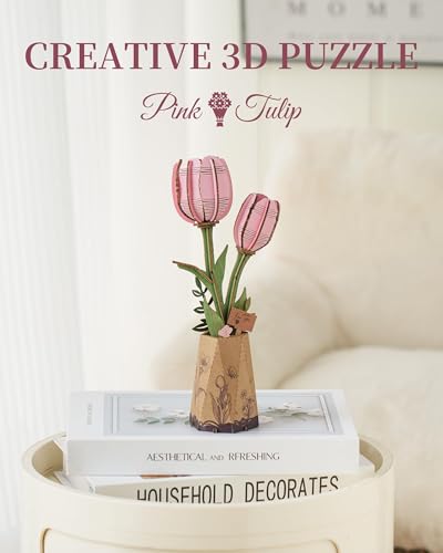 3D Flower Wooden Puzzles for Adults-Pink Tulip, DIY Wooden Flowers Model Kit Building Set Crafts for Adults to Build, Botanical Collection/Ideal Creative Gift Ideas/Housewarming (72PCS) - style: TW - Pink Tulip