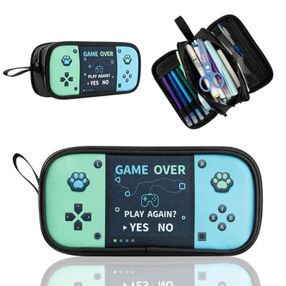 Game Controller Pencil Case for Boys Kids Teens, Large Capacity Pencil Pouch with 3 Compartments, 7 Pockets and Label Pocket for School College Office Travel (Green & Blue) - color: Blue&Green