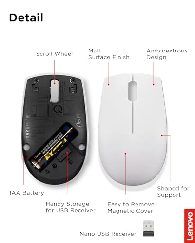 Lenovo 300 Wireless Mouse – Computer Mouse for PC, Laptop with Windows – Ambidextrous Design – 2.4 GHz Nano USB Receiver – 12 Month Battery Life - color: Cloud Grey