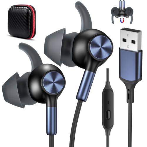 USB Earbuds with Microphone for PC Laptop,Wired USB A Headphones with Mic& Earfins Hook for Computer Office Work,7.5ft Noise Canceling Stereo Computer Headset for Dell/HP/Chromebook Game School,Black - color: Black Blue