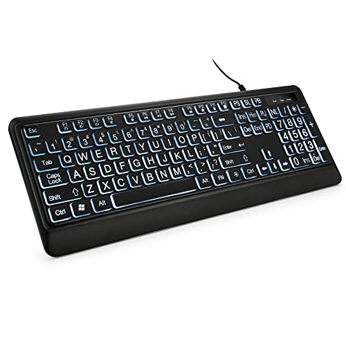 KOPJIPPOM Large Print Backlit Keyboard, USB Wired Computer Keyboard, Full Size Keyboard with White Illuminated LED Compatible for Windows Desktop, Laptop, PC, Gaming, Black