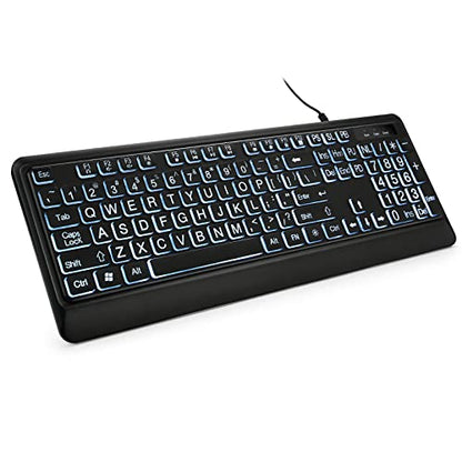 KOPJIPPOM Large Print Backlit Keyboard, USB Wired Computer Keyboard, Full Size Keyboard with White Illuminated LED Compatible for Windows Desktop, Laptop, PC, Gaming, Black