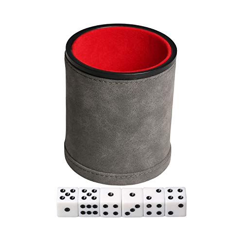 Leatherette Dice Cup Set with 6 Dices, Felt Lining Inside Quiet for Playing Liars Dice Farkle Board Games - color: Grey