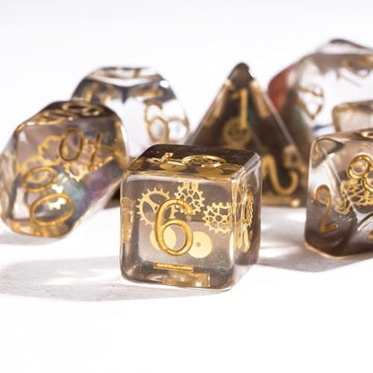 Cusdie DND Dice Set Filled with Gears Polyhedral Dice Sets for Playing DND Dice (Galaxy w/Golden Gears) - color: Galaxy W/Golden Gears