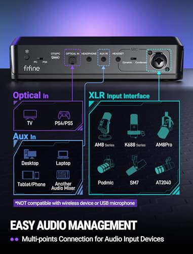FIFINE SC8 Gaming Audio Mixer for Live Streaming with 7.1ch Surround sound | For PC,RGB,Headphone Preamp,Mute Button,Volume Control,Optical Input,48V Phantom Power,3 EQ Modes,Game Chat Volume Balacnce