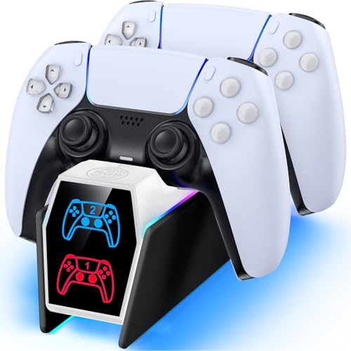 Controller Charger Station Compatible with Play 5 Faceplates Edge & Dual Controller, 9 Lightings P 5 Accessories Charging Station, P 5 Dock Stand with LED Indicator & On-Off Switch, White & Black for PlayStation Consoles - color: White & Black