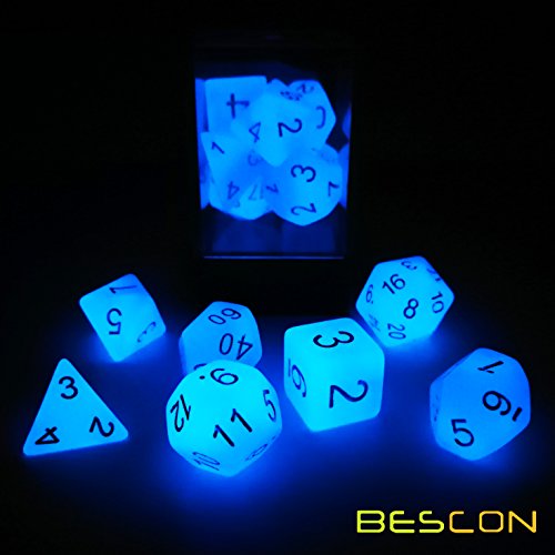 Bescon Gemini Glowing Polyhedral Dice 7pcs Set ICY Rocks, Luminous RPG Dice Set d4 d6 d8 d10 d12 d20 d%, Brick Box Packaging - color: Icy Rocks