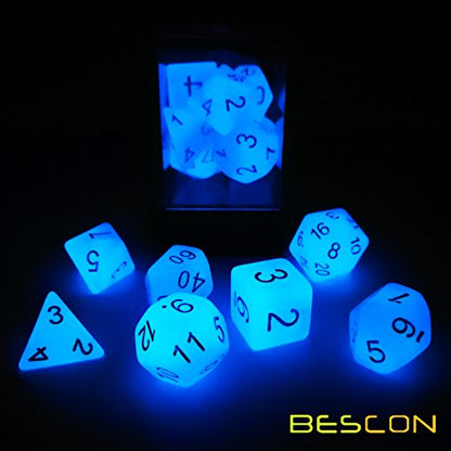 Bescon Gemini Glowing Polyhedral Dice 7pcs Set ICY Rocks, Luminous RPG Dice Set d4 d6 d8 d10 d12 d20 d%, Brick Box Packaging - color: Icy Rocks