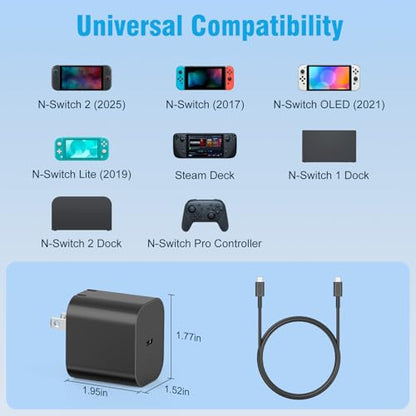 Charger for Nintendo Switch 2-20V 3A 60W AC Adapter Fast Charging with 5FT USB C Cable - Compatible with Switch/OLED/Lite/Steam Deck, Support 4K TV Mode, Foldable Plug - size: 5FT