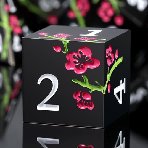 Metal Dice Set D&D, DNDND 7 PCS Flower Metallic DND Dice Set with Grogeous Gift Case for Dungeons and Dragon Tabletop Game (Matte Black with Pink Flower) - color: Flower Black