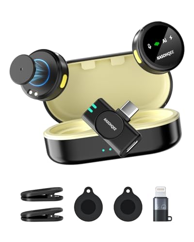 Wireless Lavalier Microphone for iPhone 17/16/15/14, iPad & Android, Magnetic Clip-on Mini Mic with Charging Case,30H Playtime Plug-Play Lapel Lavalier Mic for Vlog TikTok, AI Noise Reduction - color: Yellow Case, size: 2 TX+USB-C-Rx+Lightning Adapter+Cha
