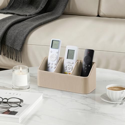 No Drill PU Leather Wall Remote Holder, 3 Compartments Storage Caddy for TV AC Remotes, Pens, Eyeglasses, Home Bedroom Bathroom Office (Stylish Beige Fine Ribbed) - color: Stylish Beige Fine Ribbed