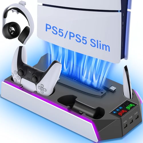 PS5 / PS5 Slim Cooling Station Stand LED with Dual Controller Charging Station for PlayStation 5 Console, PS 5 Accessories Incl. Controller Charger, Cooling Fan, Headset Holder, 3 USB Hub-White&Black - color: RGB WHITE & BLACK