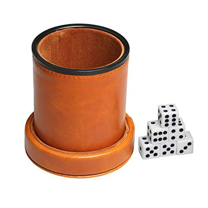 Leatherette Dice Cup with Lid Includes 6 Dices, Velvet Interior Quiet in Shaking for Liars Dice Farkle Yahtzee Board Games, Brown - color: Brown-1