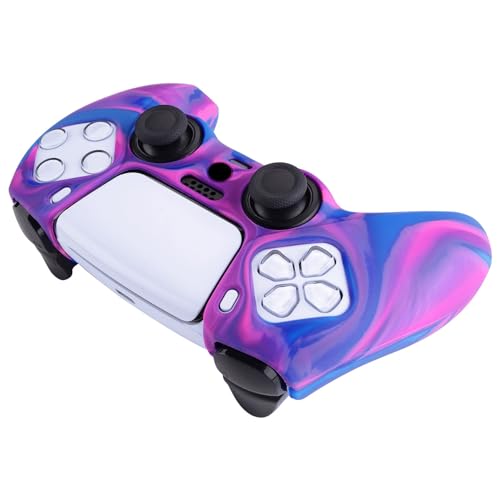 PlayVital Tri-Color Pink & Purple & Blue Camouflage Anti-Slip Silicone Cover Skin for ps5 Controller, Soft Rubber Case for PS5 Wireless Controller with Black Thumb Grip Caps - color: Pink Purple Blue