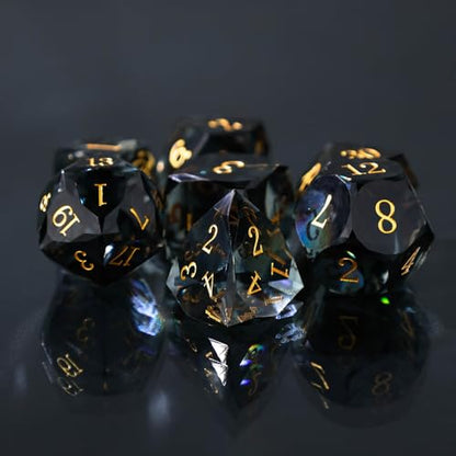Resin DND Dice Set, 7 Pieces Handmade Sharp Edge Polyhedral Dice for Role Playing Game, Dice Accessory for D&D RPG Players and Starters d4 d6 d8 d10 d12 d20 with Gift Box (Transparent Black) - color: Transparent Black