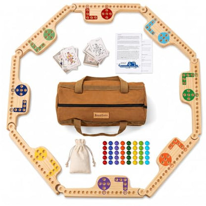 Jokers and Marbles Board Game Set – Wooden Marble Game with 40 Marbles, 4 Decks of Cards, Instructions and Carry Bag, 2–8 Player Portable Family Tabletop Game, Gift for Adults and Families - color: Natural Wood Color