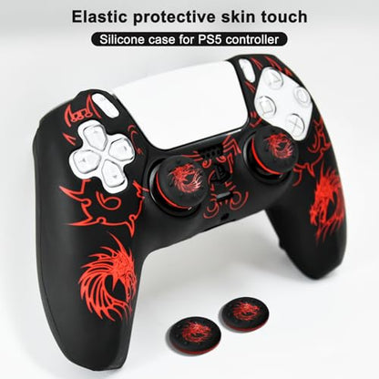 PS5 Controller Silicone Cover with Laser-Engraved Dragon Design - Non-Slip Grip Skin + 2 Dragon Thumbstick Caps | Stylish Protective Case for PlayStation 5 Controller - color: Lightning Dragon Red