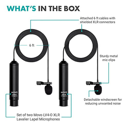 Movo LV4-O2 XLR Phantom Power Omnidirectional Lavalier Microphone Set, with Lapel Mic Clips and Windscreens - Perfect Lapel Microphone for Video Recording, Podcast, Interview, YouTube Production