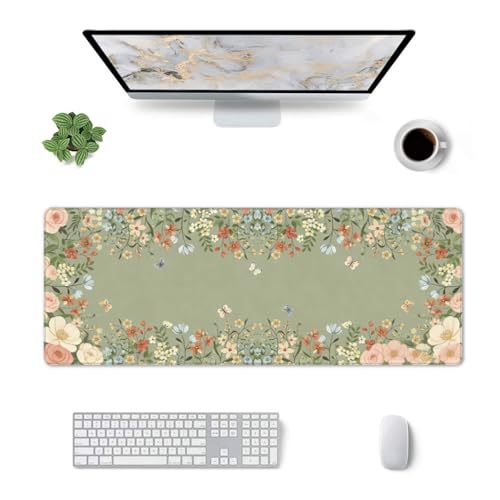 Large Gaming Mouse Pad Desk Mat, Green Girly Floral Extended Keyboard Mouse Pad Mousepad with Non-Slip Base and Stitched Edge Mouse Mat Desk Pad Mouse Pads for Desk Home Office, 31.5 x 11.8 - color: Girly Floral Green