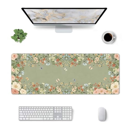 Large Gaming Mouse Pad Desk Mat, Green Girly Floral Extended Keyboard Mouse Pad Mousepad with Non-Slip Base and Stitched Edge Mouse Mat Desk Pad Mouse Pads for Desk Home Office, 31.5 x 11.8 - color: Girly Floral Green