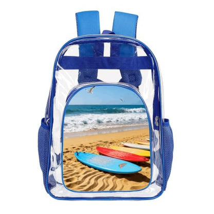 16" Clear Backpack Waterproof Stadium Bag for Security | Beach Surfboard, Transparent Backpack Stadium Events, Heavy Duty Bookbag, See Through Bag for Sports Festivals Travel - color: Blue