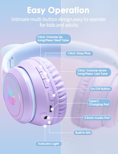 Cat Ear Bluetooth Headphones with Micphone for Kids & Adults, LED Light Up Wireless HI-FI Sound Quality, Over-Ear Headphones with Volume Control for iPhone/iPad/Laptop/PC(55H Play Time) - style: Adults-105dB-Purple