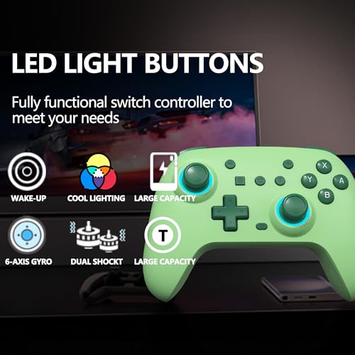 SZYUYU Switch Controller for Switch 2,Switch Pro Controller for Switch/OLED/Lite/PC with 7 Colors LED Light/3-level TURBO Adjustable,4-Speed Dual Vibration/Hall Effect Sticks/Wake Up/Gyro Axis Motion - color: Green