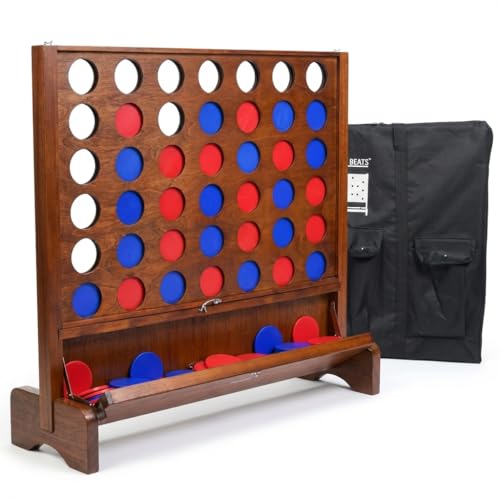 Giant Wooden 4 in A Row Game with Folding Catch Tray, Wall-Mountable or Ground Play, Indoor Outdoor & Backyard Game, Includes Carry Case and Detachable Legs - style: Classic Brown (33" Height)
