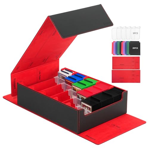 5 Row Trading Card Storage Box, 3800+Bulk Card Organizer Box with 20 Dividers & 5 Supporters, Graded Card Deck Box for YuGiOh, MTG, TCG with Double Lid Black/Red - color: Black/Red, size: 3800+-With Double Lids