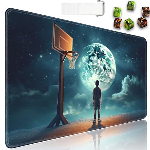 for MTG Playmat + Drawstring Travel Pouch + 6 Dice Counter, for Tabletop Trading Card Game Playmats or Large Mouse Pad, Anti-Slip Rubber 24 x 14 in, Earth Basketball for TCG Playmat - color: JV-Playmat-1-F-153